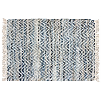Woven rag rug in shades of blue and white with geometric pattern, part of area rugs and home decor collections under $50