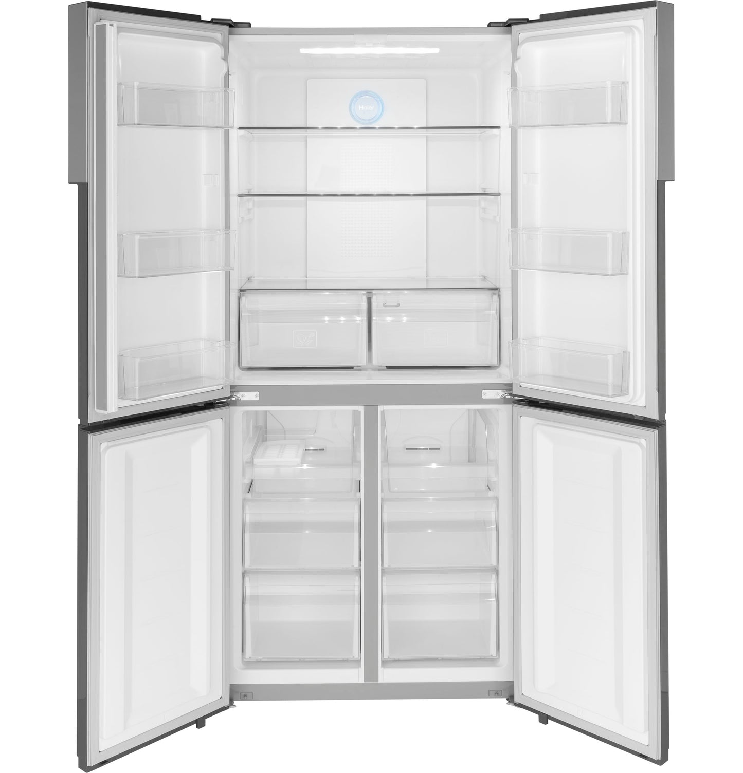 Open energy-efficient quad door refrigerator with adjustable shelves and crisp storage bins in appliances collection