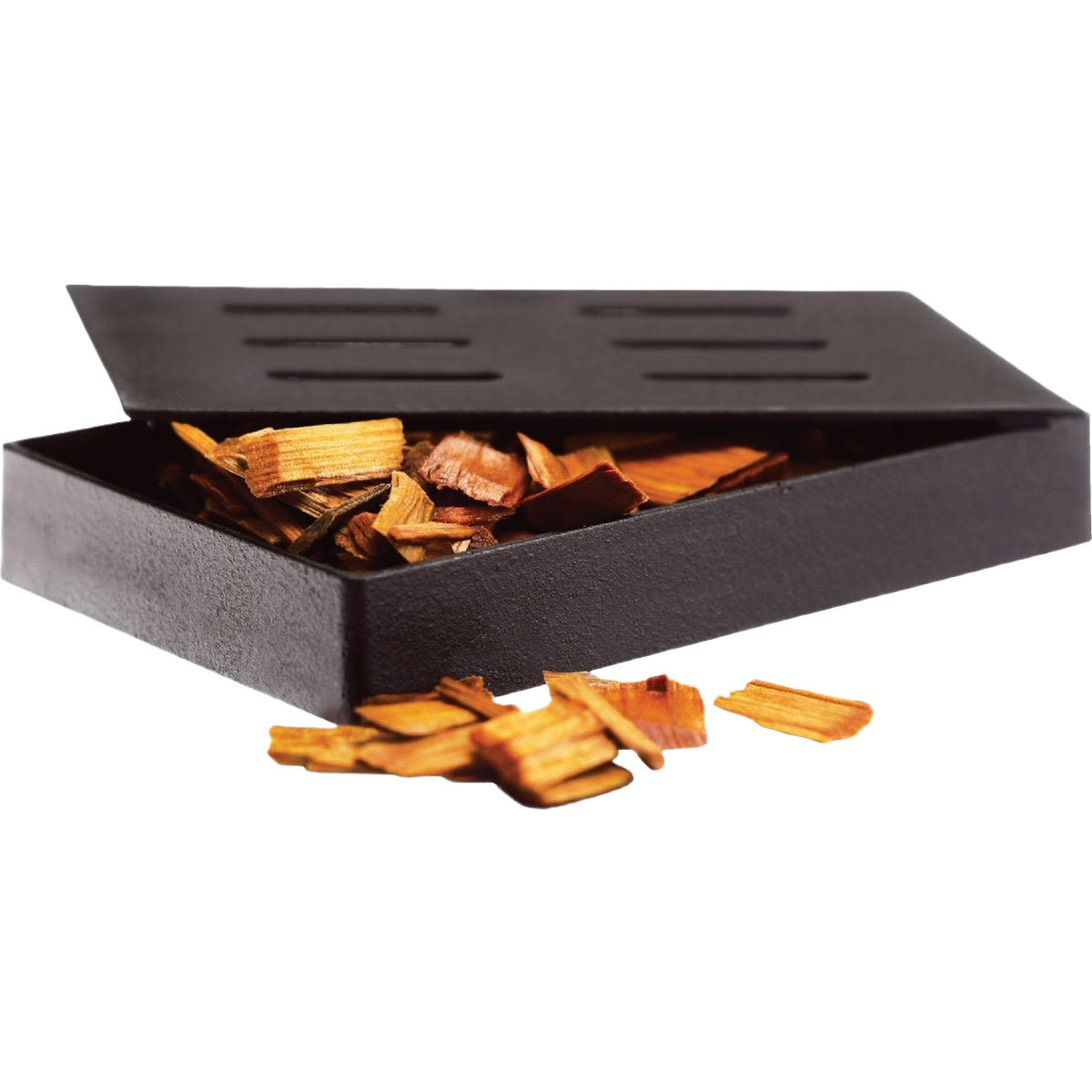 Cast iron smoker box filled with wood chips and vented lid for outdoor grilling and barbecue accessories collection