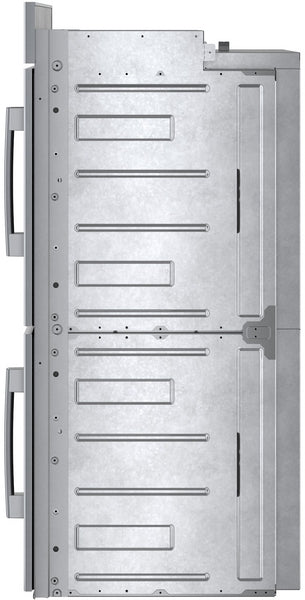 Interior view of a double wall oven cavity with metal racks and handles for kitchen appliances and home improvement