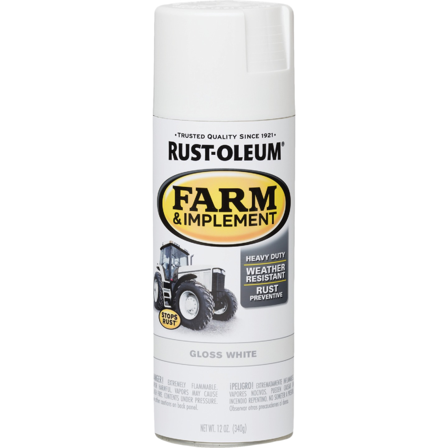Gloss white spray paint can for farm and implement use with rust preventive and weather resistant features