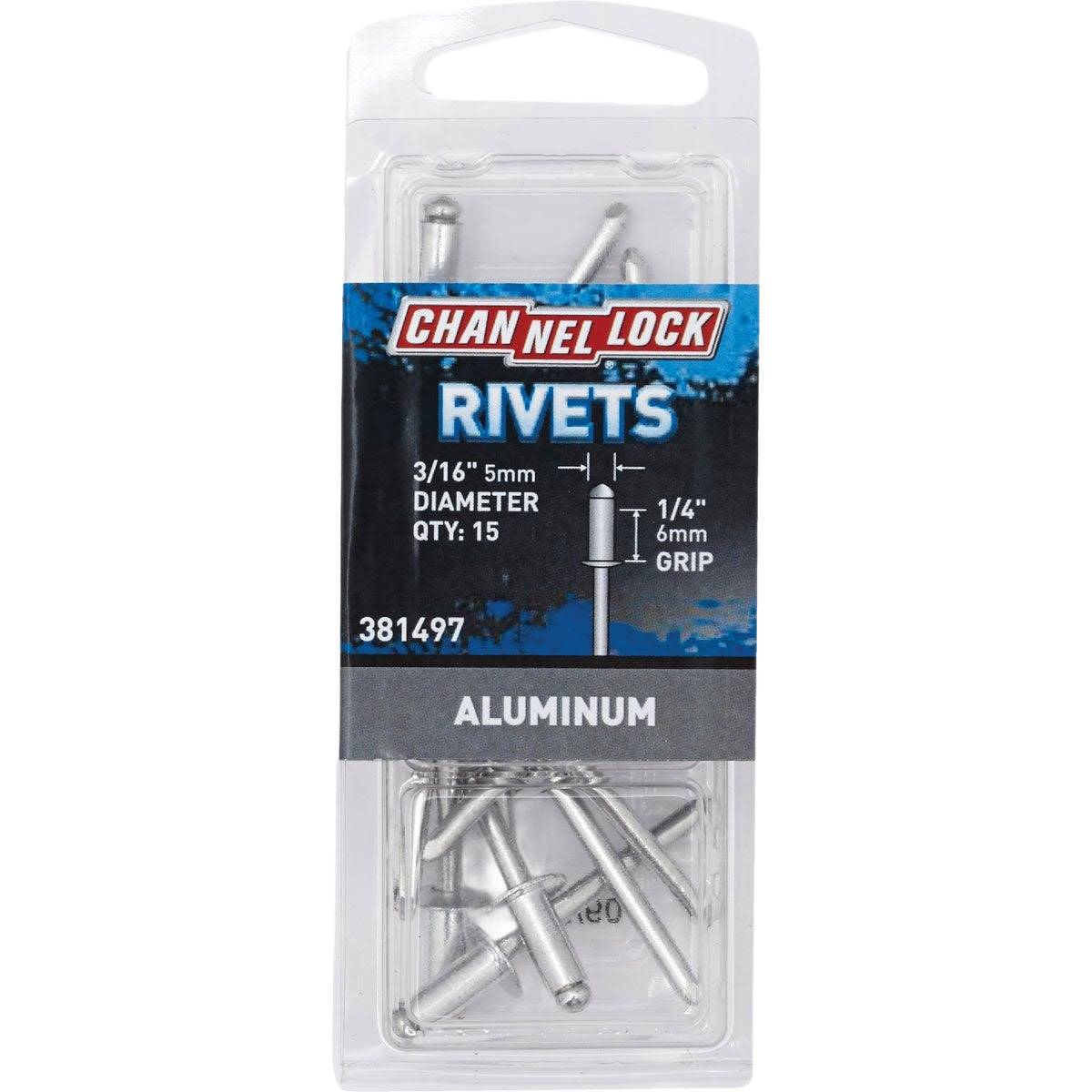 Clear plastic case containing 15 aluminum pop rivets with 3/16 inch diameter and 1/4 inch grip for home improvement tasks