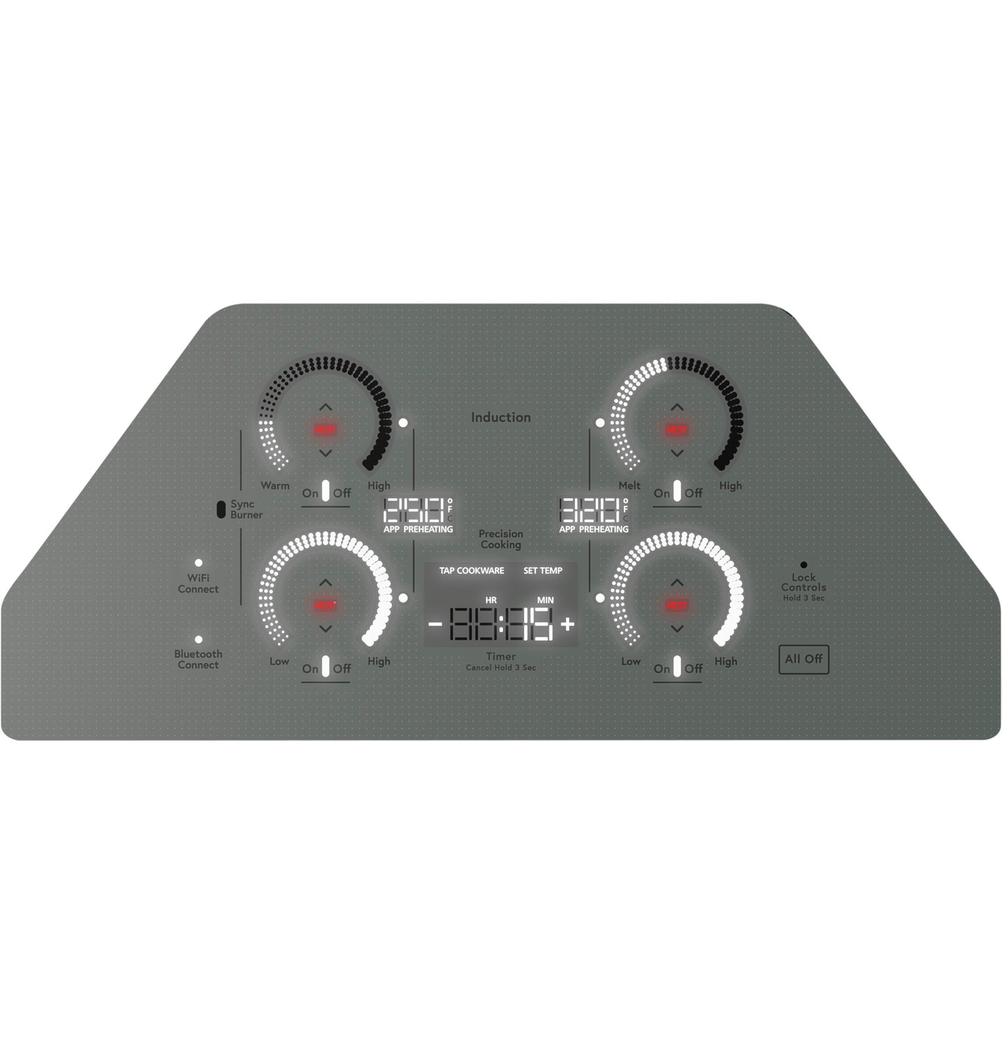 Gray built-in touch control induction cooktop with four burners and digital displays from Kitchen & Kitchenware collections