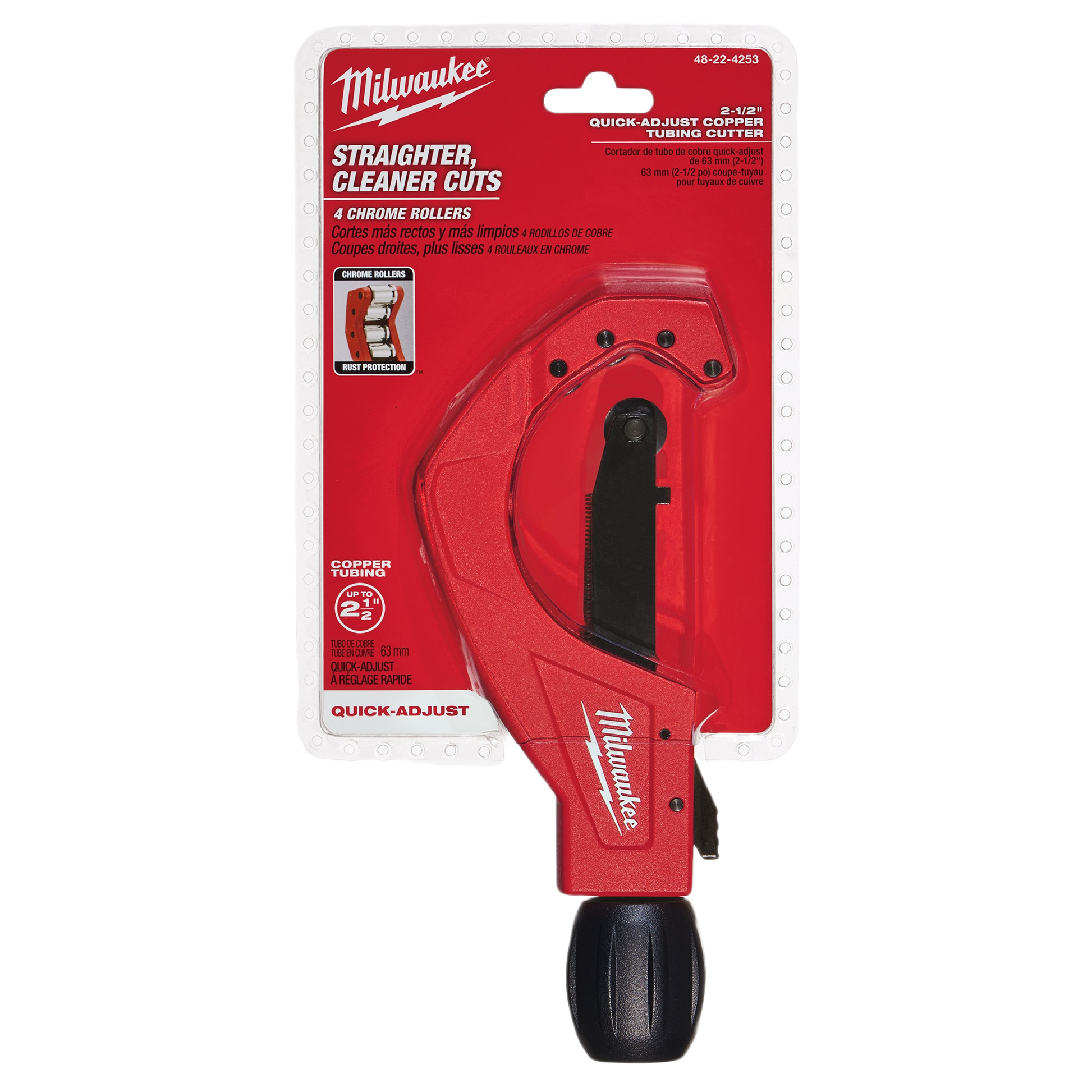 Red quick-adjust copper tubing cutter with black ergonomic knob in retail packaging for tools and home improvement projects