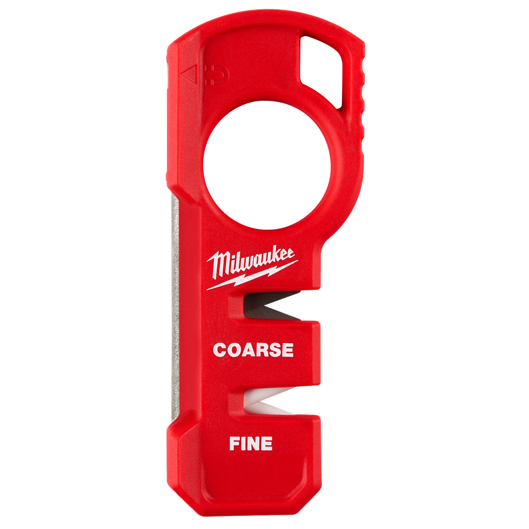Red Milwaukee compact knife sharpener with coarse and fine sharpening slots for home improvement tools