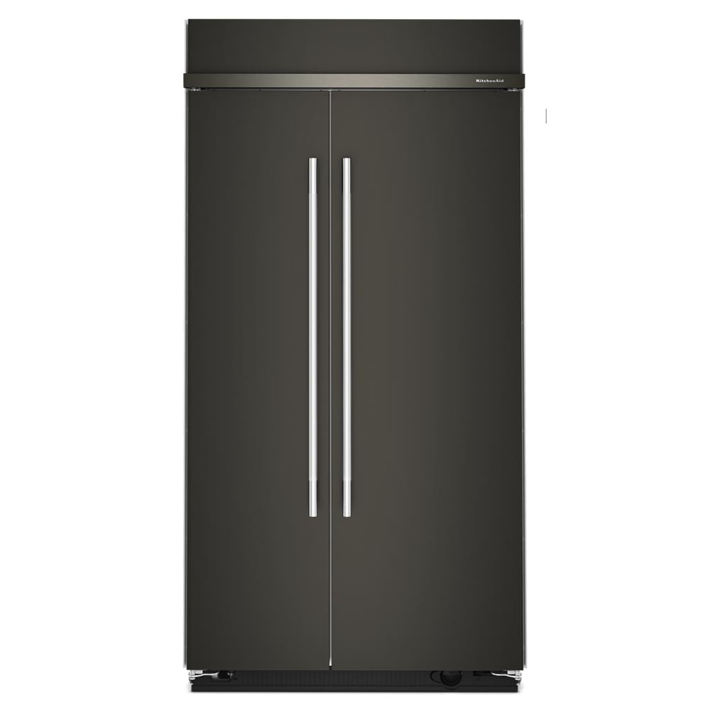 built-in side-by-side refrigerator in dark finish with sleek vertical handles from KitchenAid appliances collection