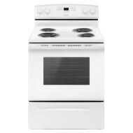 White 30-inch electric range with coil burners and digital control panel for kitchen appliance collections
