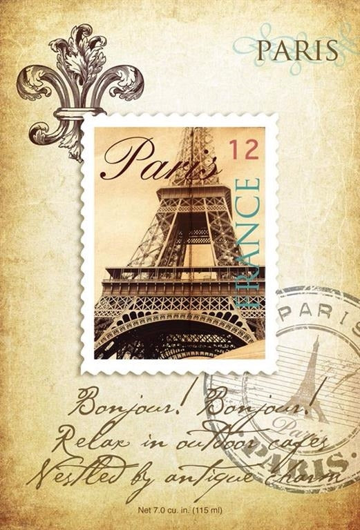 Vintage-style illustration of a Paris postage stamp featuring the Eiffel Tower with elegant script and decorative elements