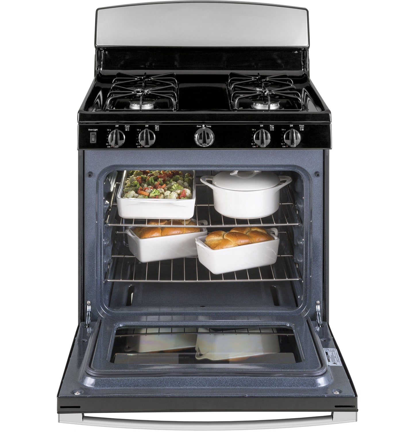 Open black gas range oven with four burners displaying casserole dishes and baked bread inside in ranges collection