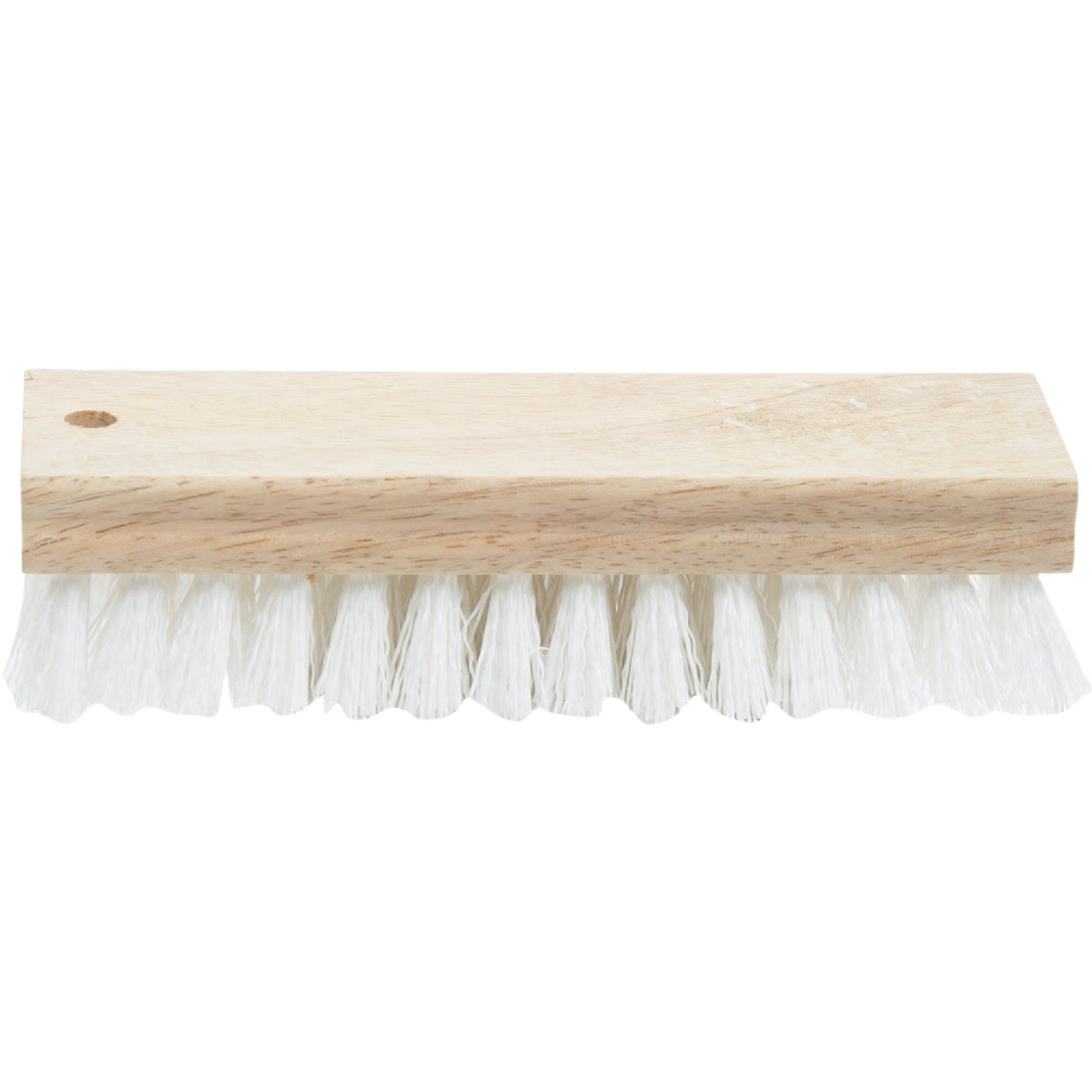 Wood-handled scrub brush with white bristles for cleaning tasks in home improvement and cleaning tools collections
