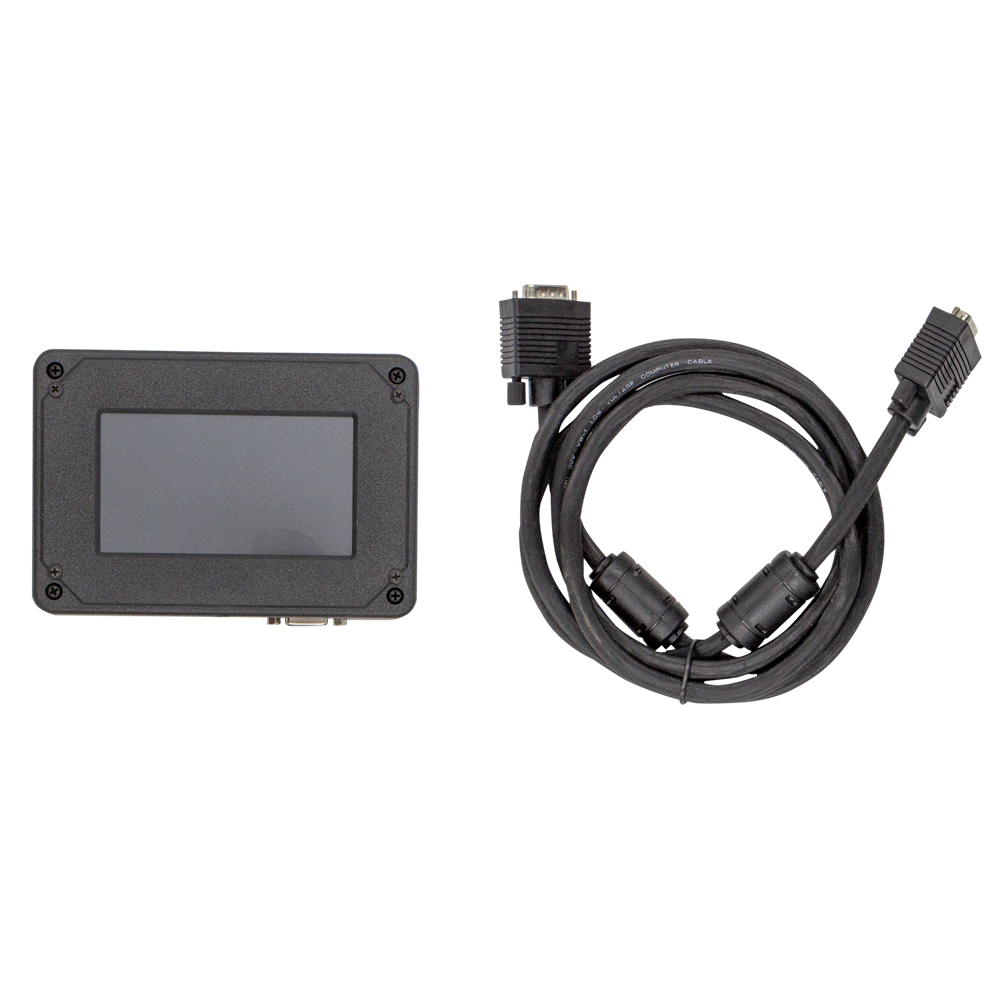Compact black CNC touchscreen pendant with LCD display and accompanying cable for tool and home improvement control