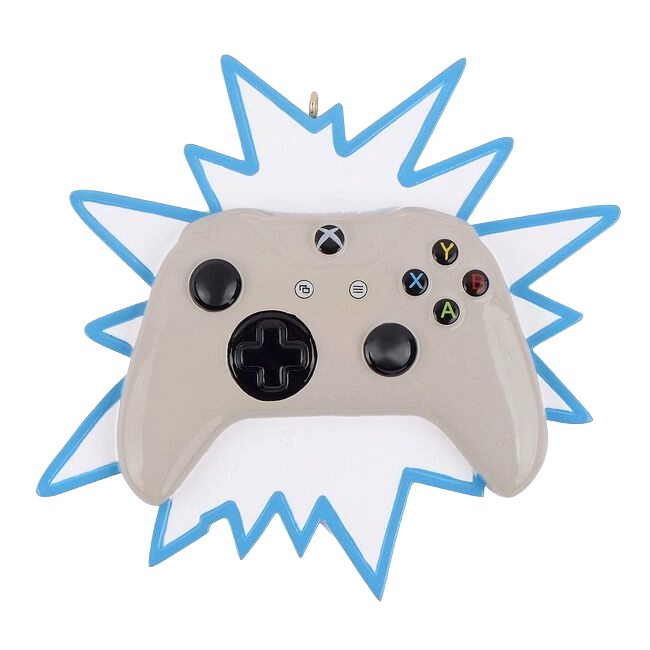 Beige gaming controller ornament with colorful buttons on white and blue starburst, festive Christmas tree décor under $50