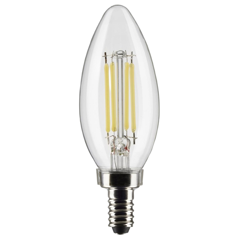 Clear filament LED bulb with candelabra base, ideal for indoor lighting in electrical and lighting collections under $50
