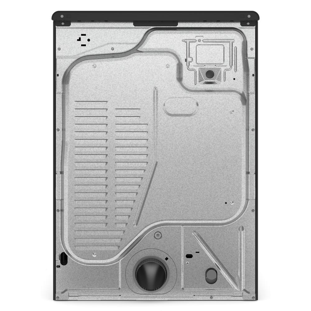 Rear metal panel of an electric front load dryer with vent outlet and internal structural design details visible