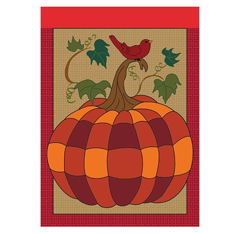 Decorative garden flag featuring a patchwork pumpkin with leaves and a red bird on burlap background for seasonal decor