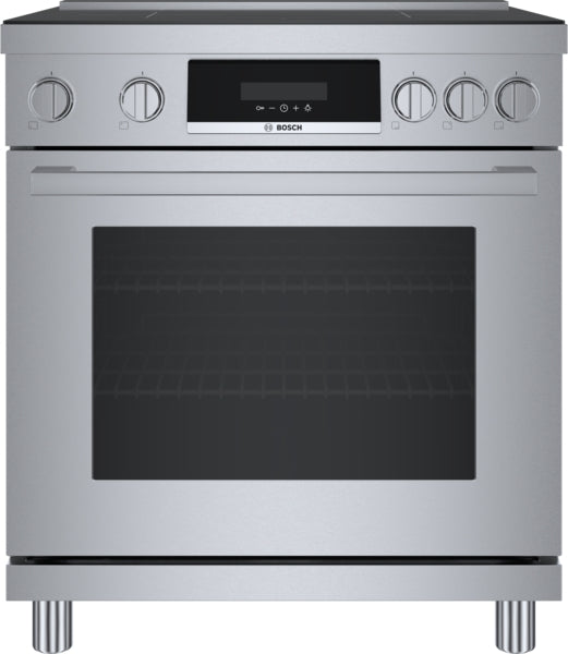 Front view of stainless steel induction freestanding range with metal knobs and ergonomic tilted display from Bosch collection