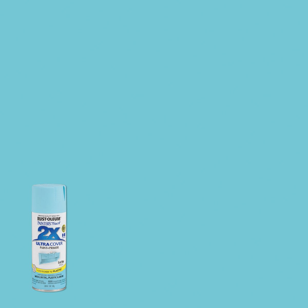 Aqua satin spray paint can in front of matching painted surface for spray paint and home improvement collections