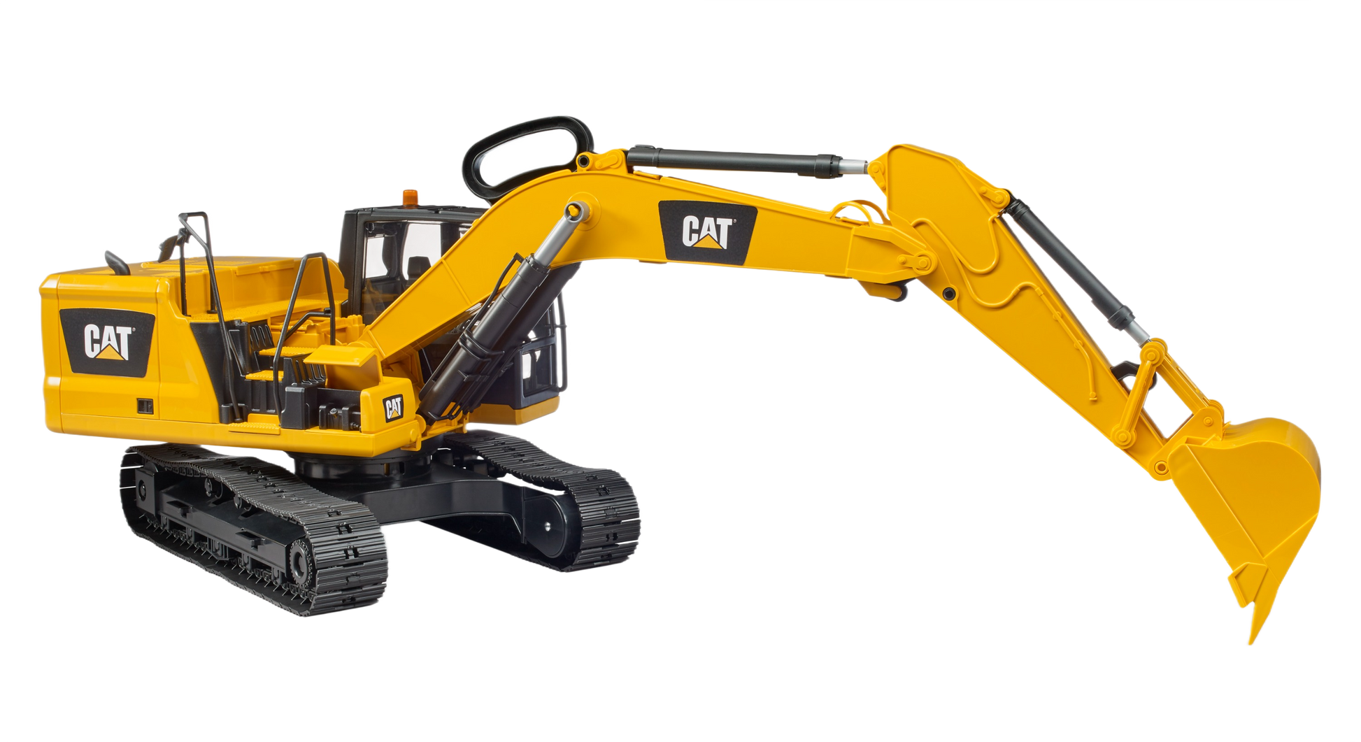 Yellow CAT excavator model with detailed tracked base and articulated arm for realistic construction play