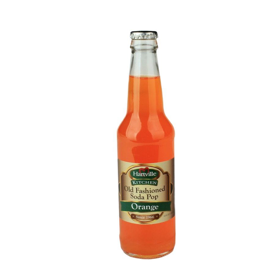 Glass bottle of Hartville Kitchen orange soda pop with vintage style label in food and beverage collection