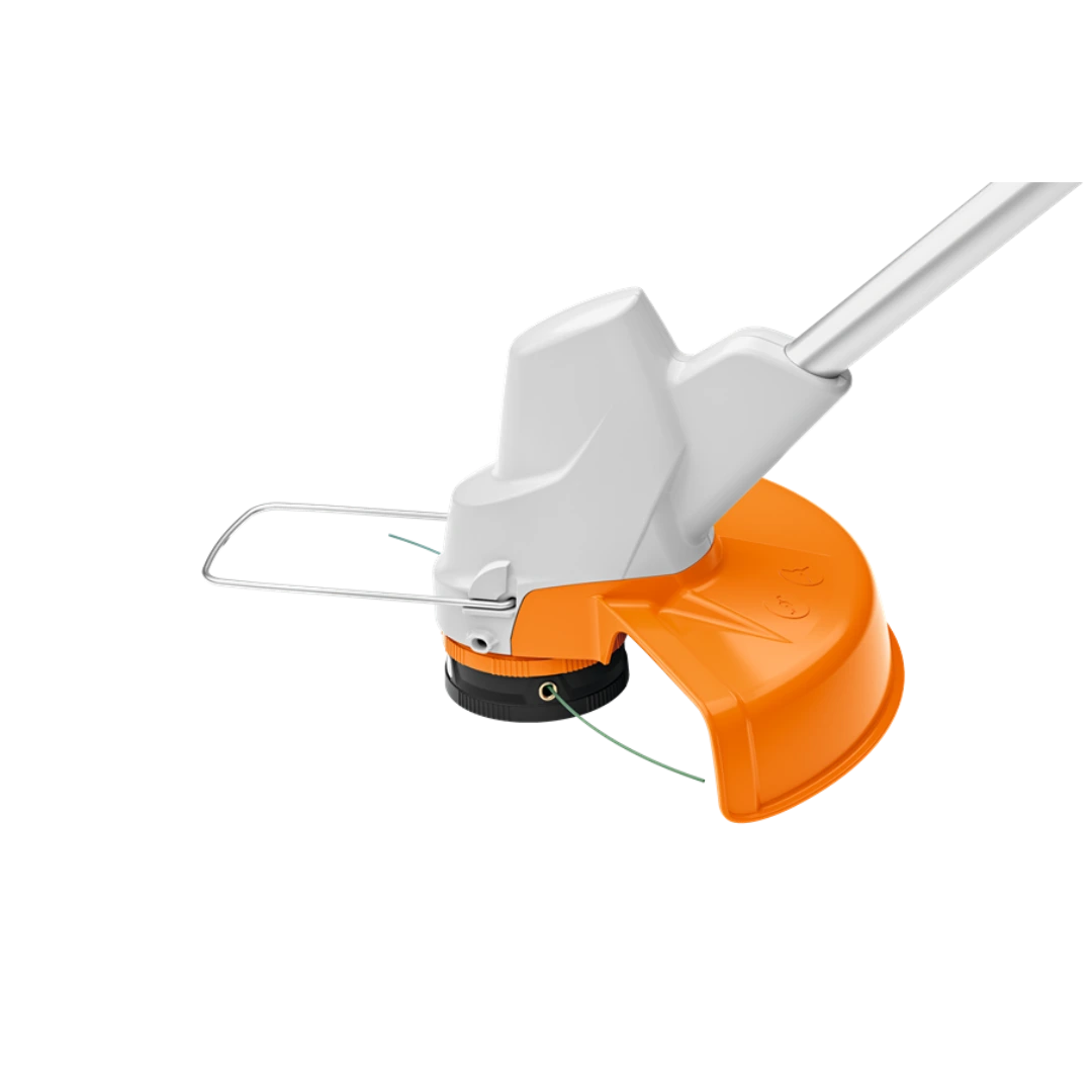 Compact orange and white cordless grass trimmer head with protective guard for precise outdoor trimming and home improvement tasks