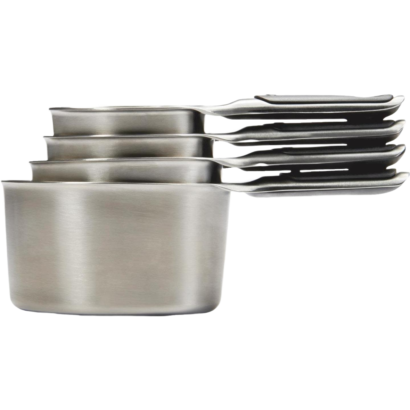 Set of stainless steel kitchen measuring cups with magnetic handles for easy organization in kitchenware and gadgets collections