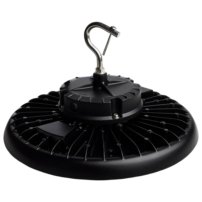 Black UFO-style 240 watt LED high bay light fixture with metal hook for tools and home improvement projects