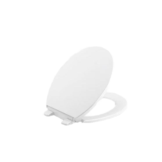 White round front toilet seat with quick-release hinges designed for easy cleaning and installation in home improvement.