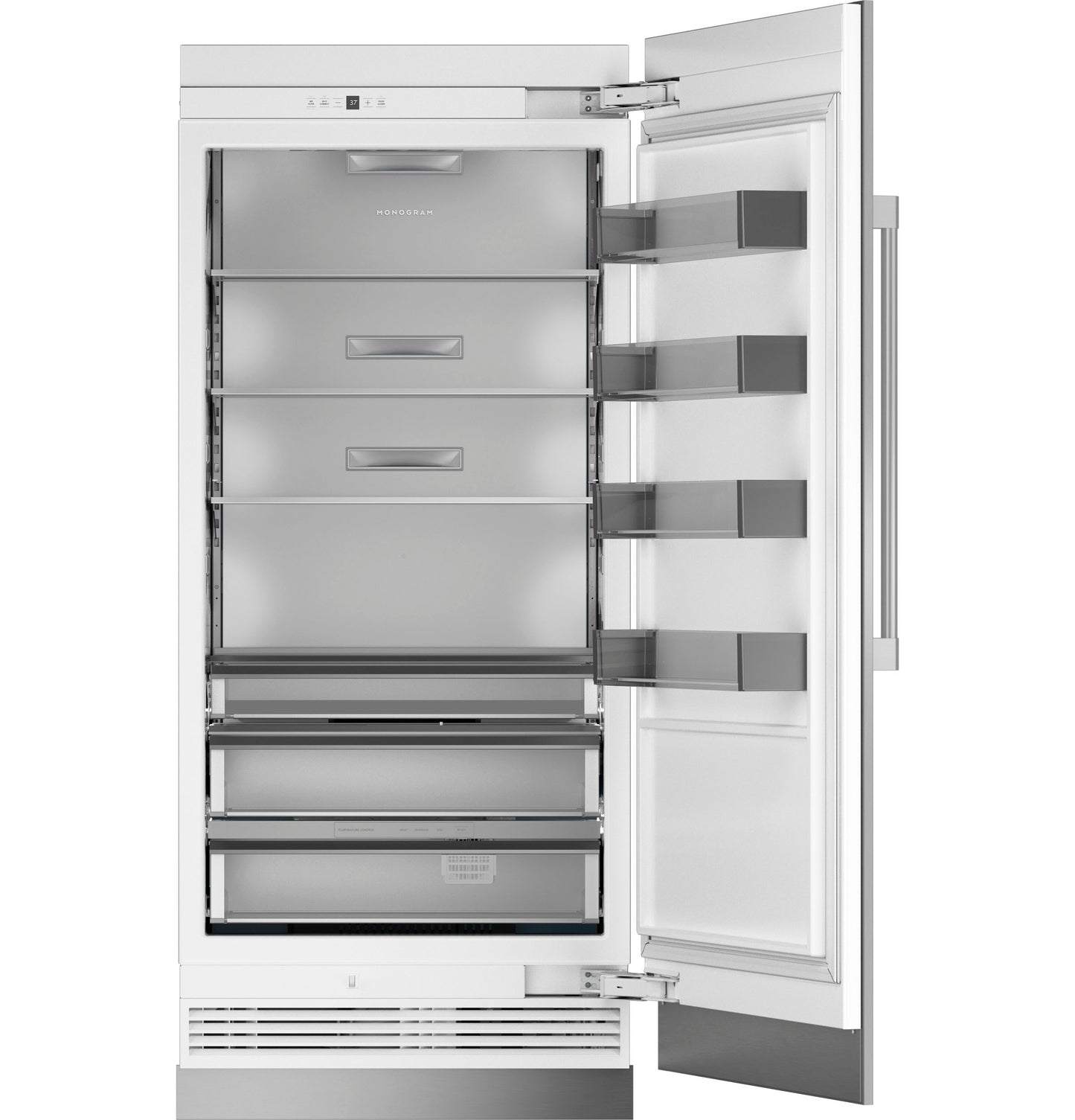 Stainless steel integrated refrigerator column with open door showing adjustable shelves and clear door bins in appliances collection