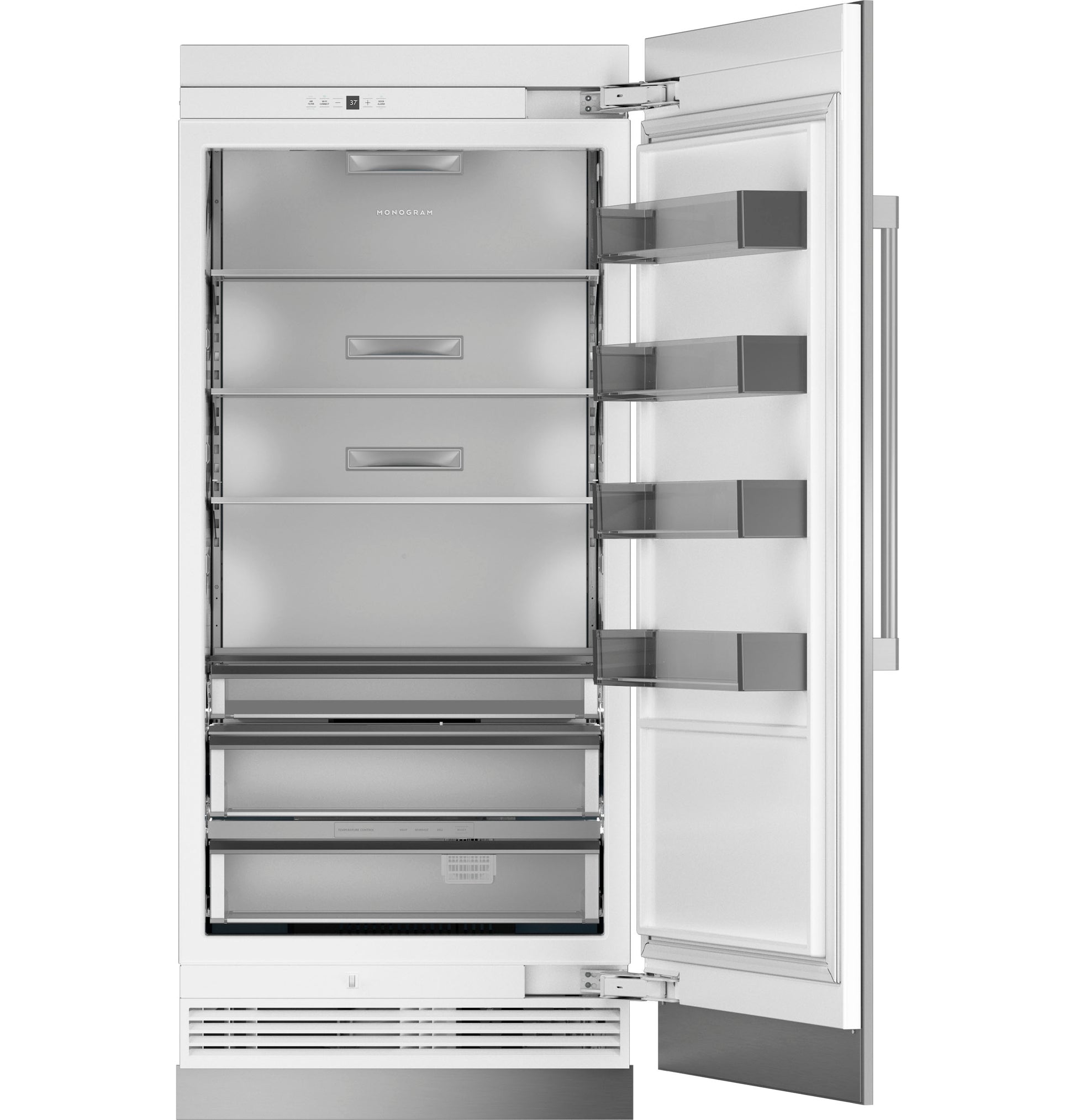 Stainless steel integrated refrigerator column with open door showing adjustable shelves and clear door bins in appliances collection