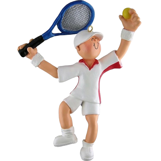 Playful male tennis player figurine in white outfit holding racquet and ball for Christmas Ornaments & Tree Decorations collection under $50