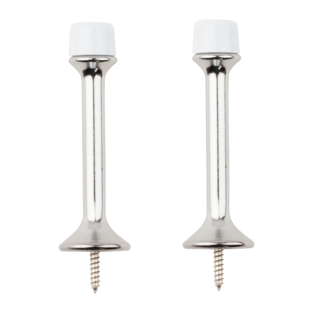 Set of two satin chrome heavy duty rigid door stops with white rubber tips for wall and door protection in Door Accessories collection