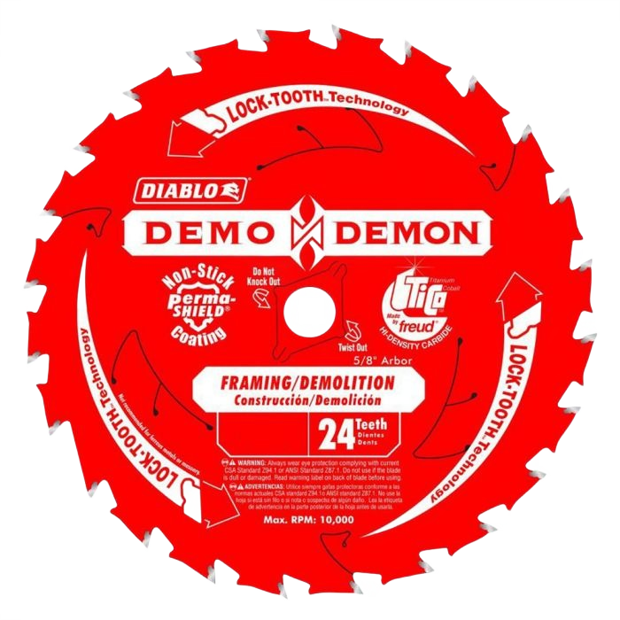 Red 6.5-inch demo and framing saw blade with 24 teeth designed for demolition and home improvement tools.