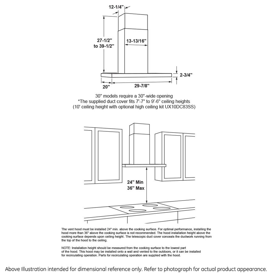 Technical line drawing showing dimensions and installation guidelines for a 30-inch wall mount range hood in kitchen setting