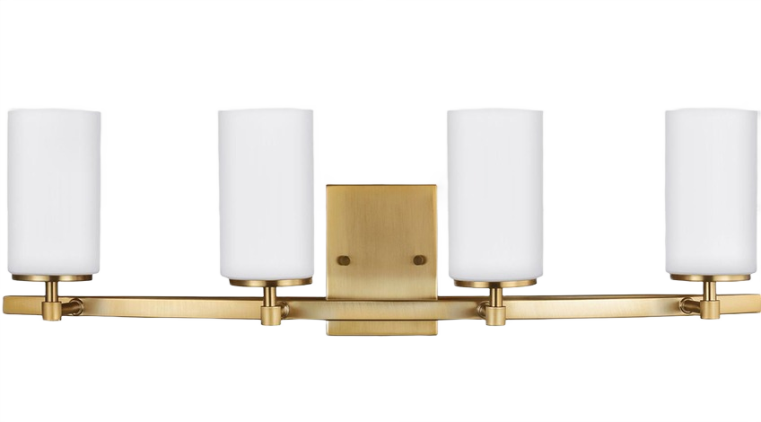 Four-light satin brass wall sconce with cylindrical etched glass shades for bathroom and vanity lighting