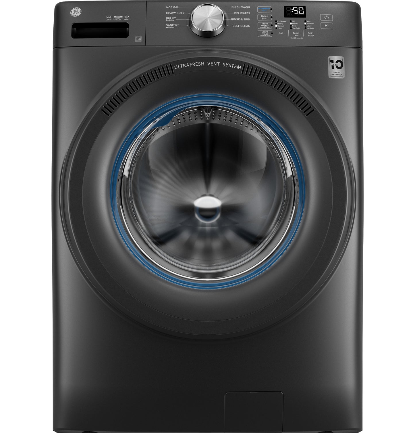 Front view of dark gray smart front load washer with digital controls and UltraFresh Vent System from washers collection