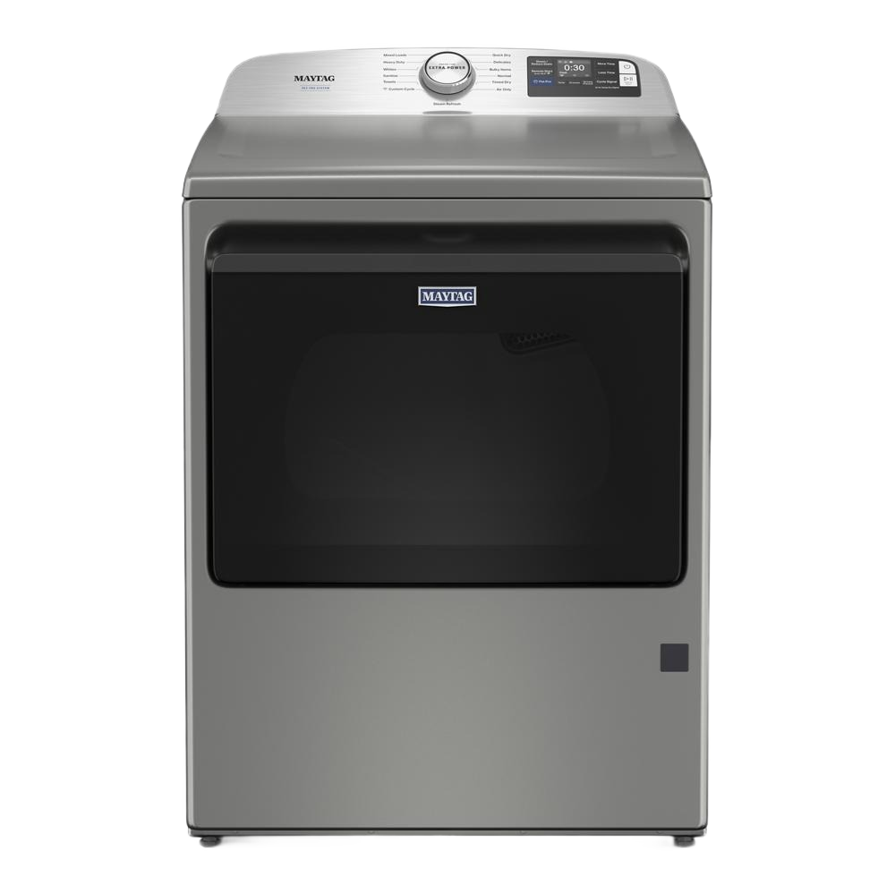 Front view of a silver top load gas dryer with large tinted door window, rotary dial, and digital control panel, part of Dryers, Gas Dryers, Appliances, and Washers & Dryers collections.