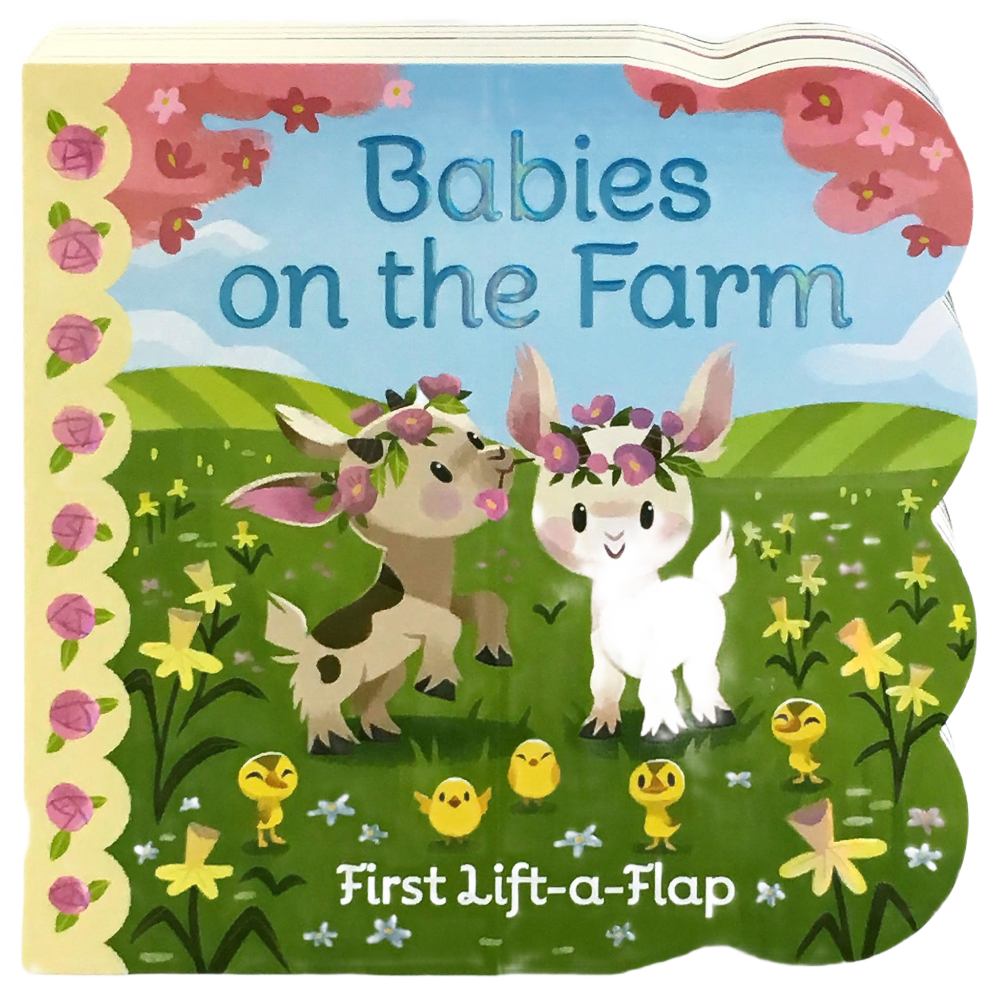 Children’s lift-a-flap book featuring baby farm animals with playful goats on a colorful outdoor scene