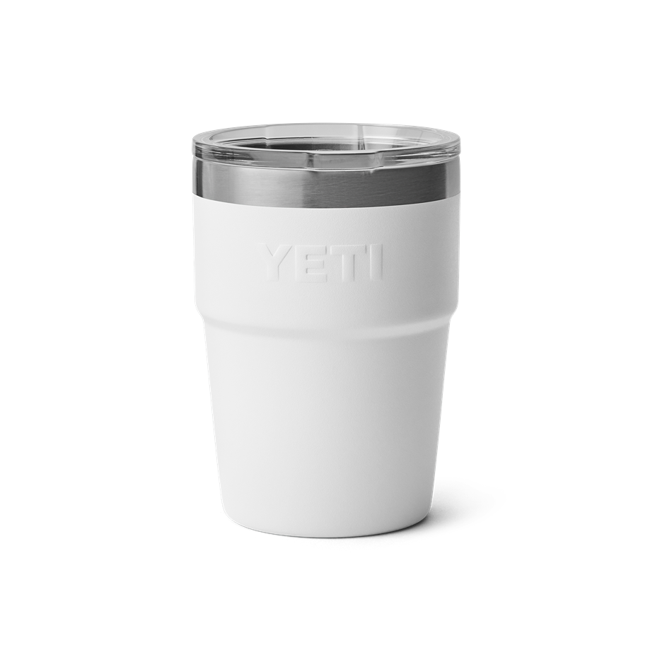 White insulated 16 oz stackable cup with clear lid and stainless steel rim from drinkware and kitchenware collections