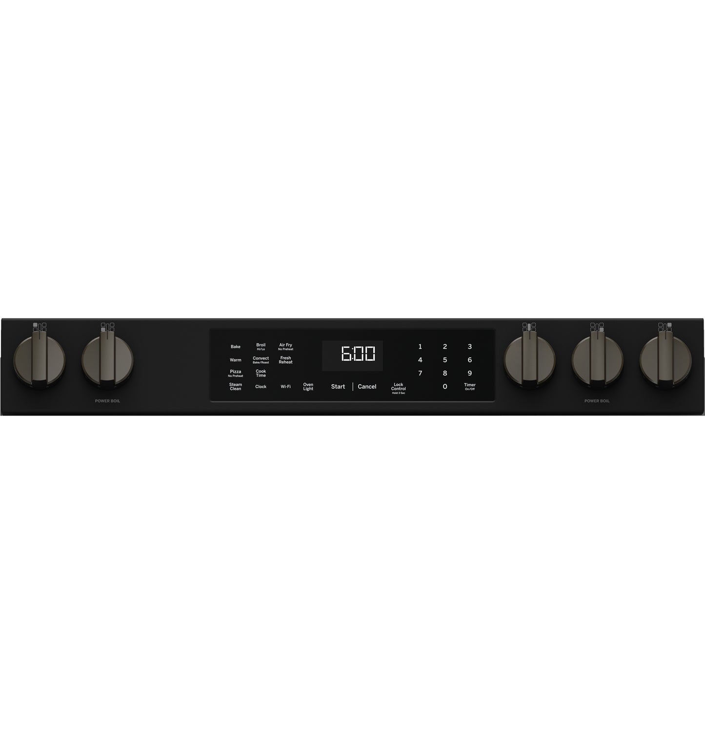 Black control panel with six stainless steel knobs and digital display for gas range functions and timer