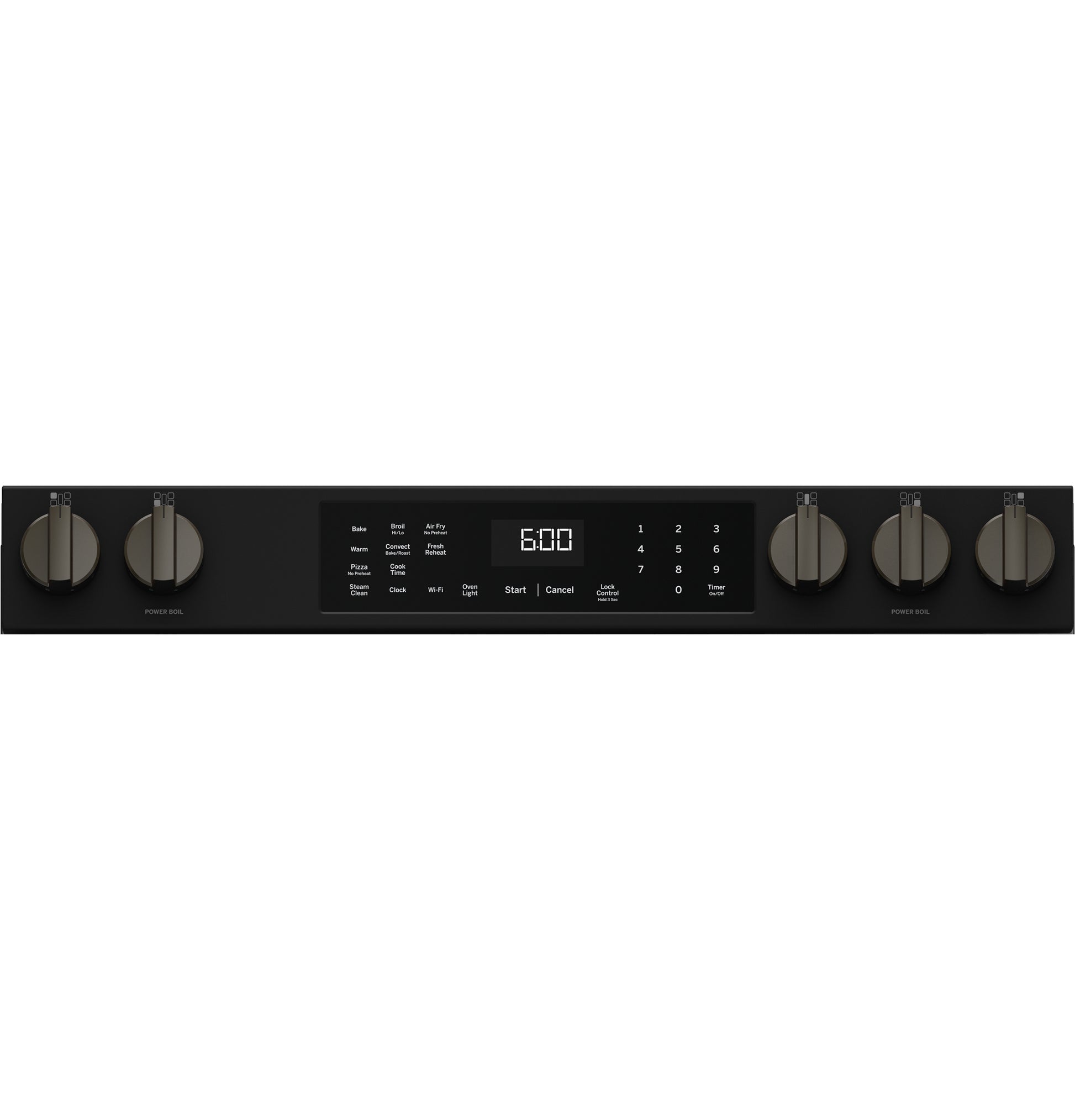 Black control panel with six stainless steel knobs and digital display for gas range functions and timer