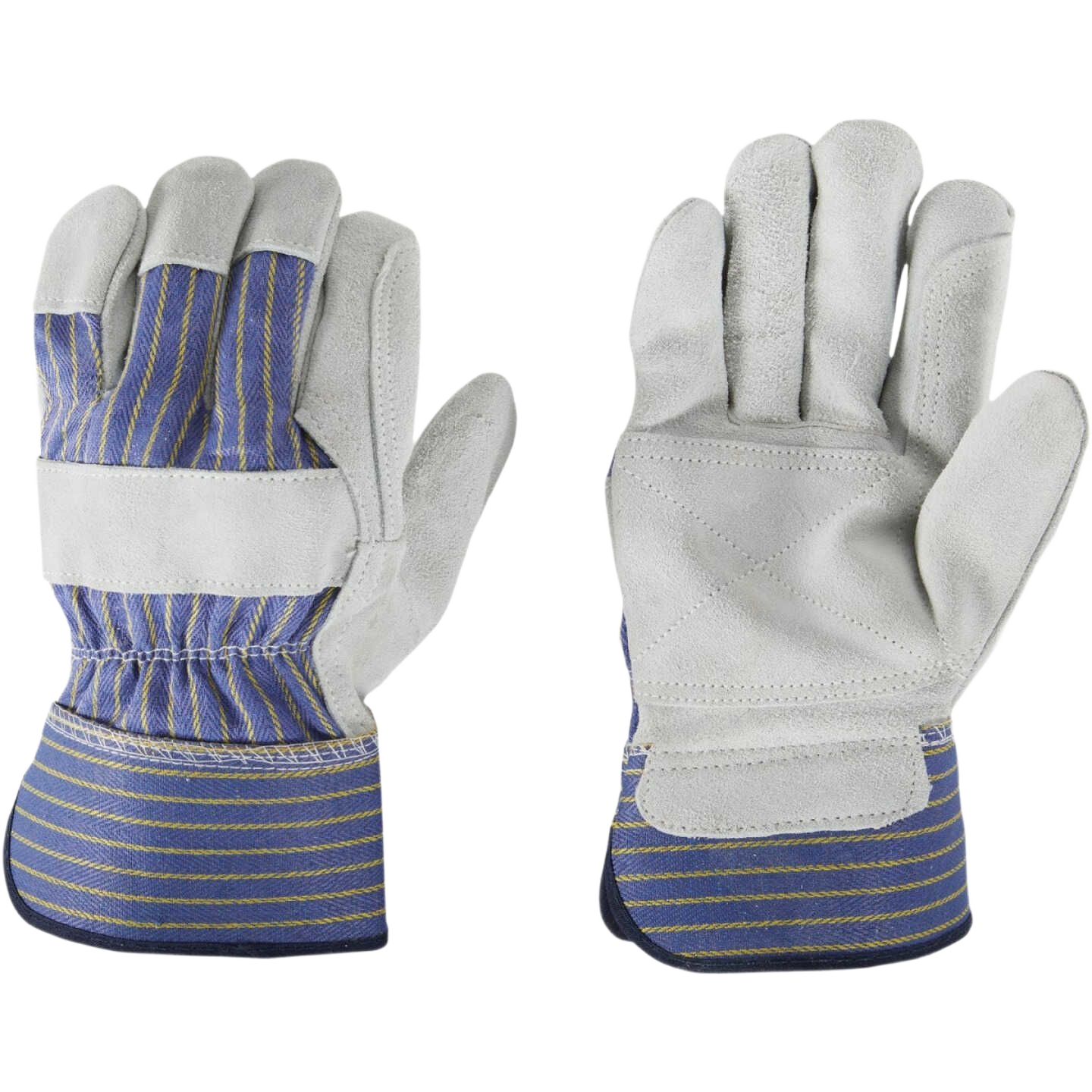 Pair of men's large work gloves with double-faced leather palms and striped fabric backs for safety and hardware use