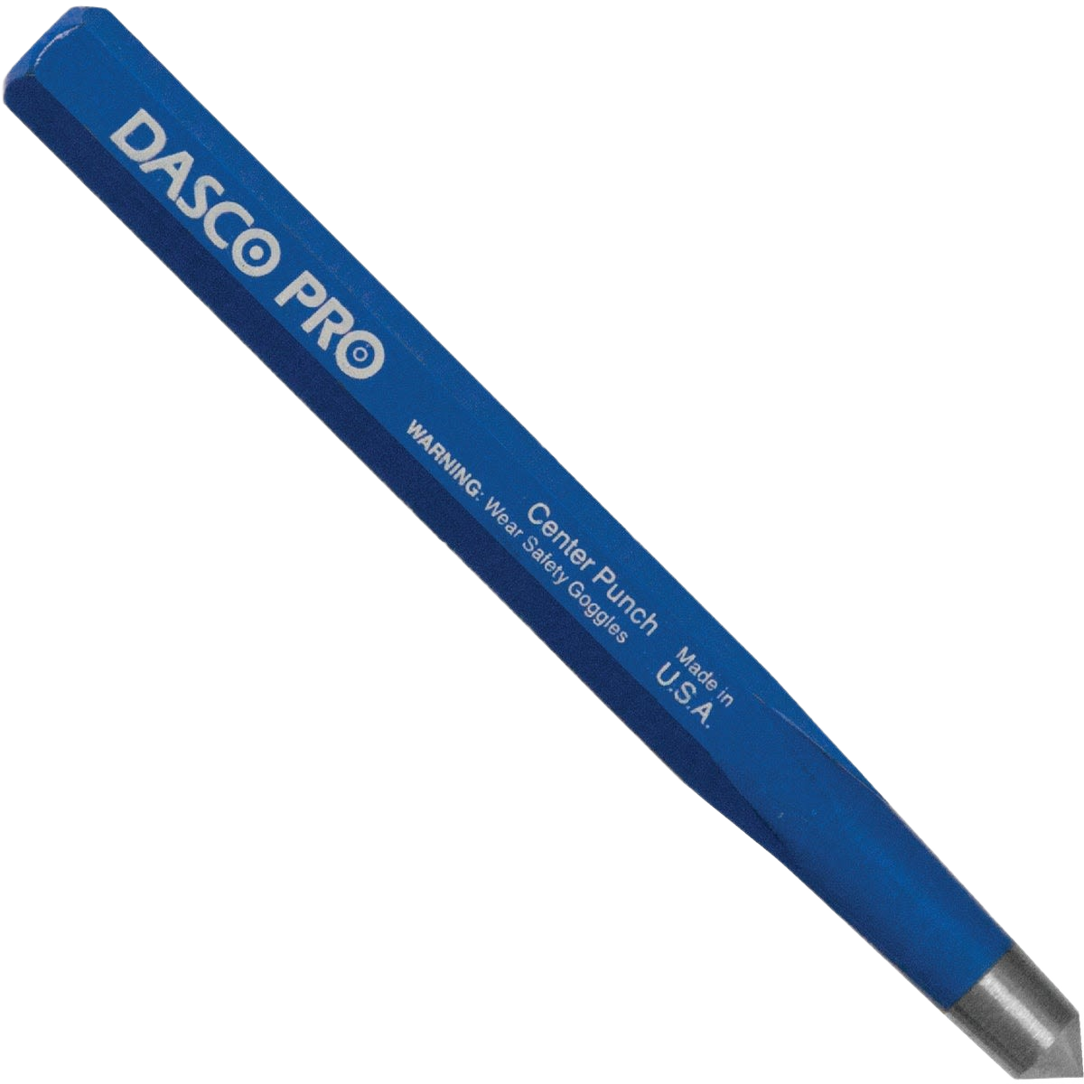 Blue steel center punch tool with metal tip and Dasco Pro branding for home improvement use