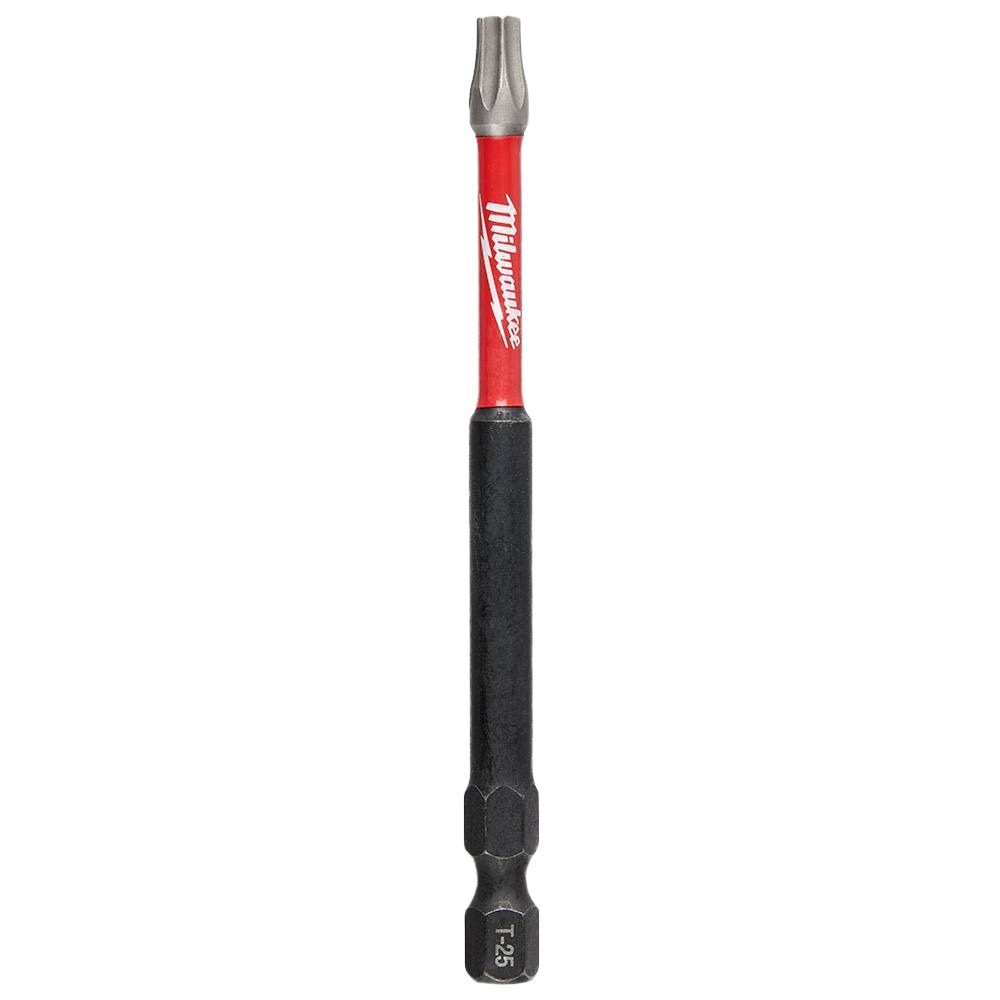 Red and black T25 TORX impact bit for power tools, part of Milwaukee tool accessories for home improvement tasks