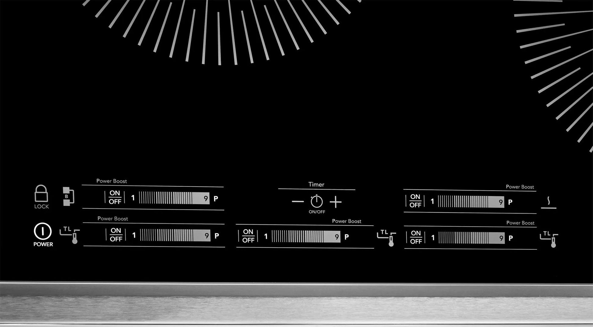 Close-up of black induction cooktop touch control panel with power boost and timer settings in kitchen appliances collection