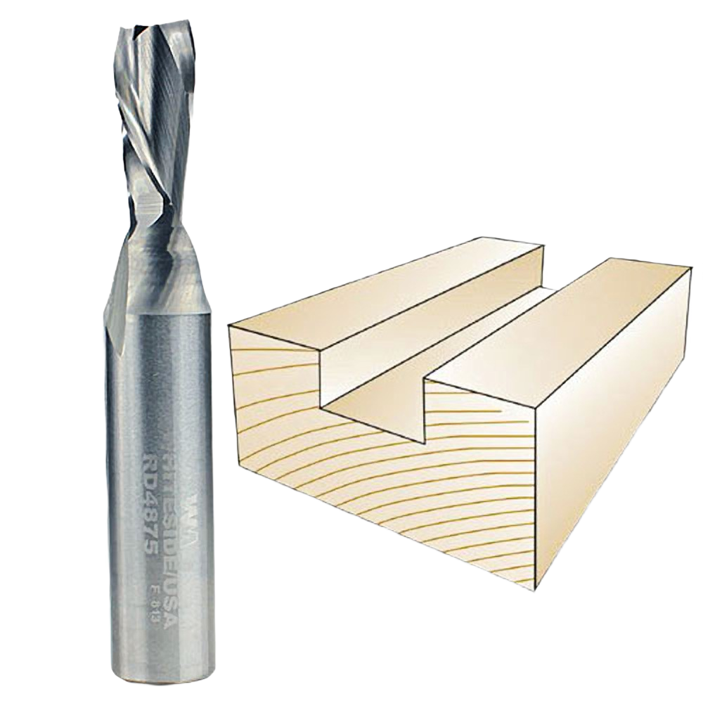 Metal spiral upcut bit next to a wood block with a deep groove, for tool accessories and woodworking projects