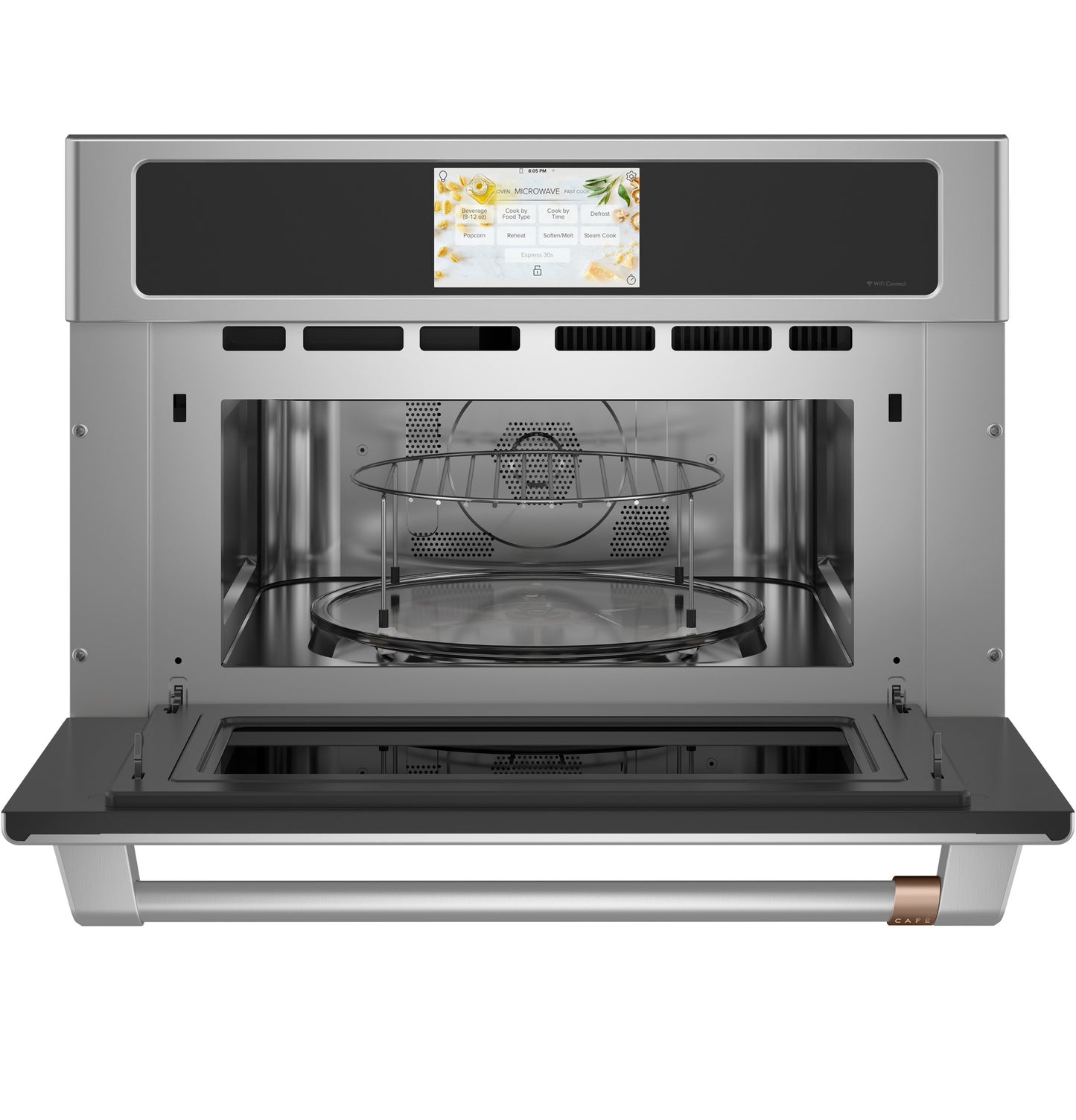 Stainless steel built-in microwave and convection oven with digital touchscreen control in modern kitchen appliances collection