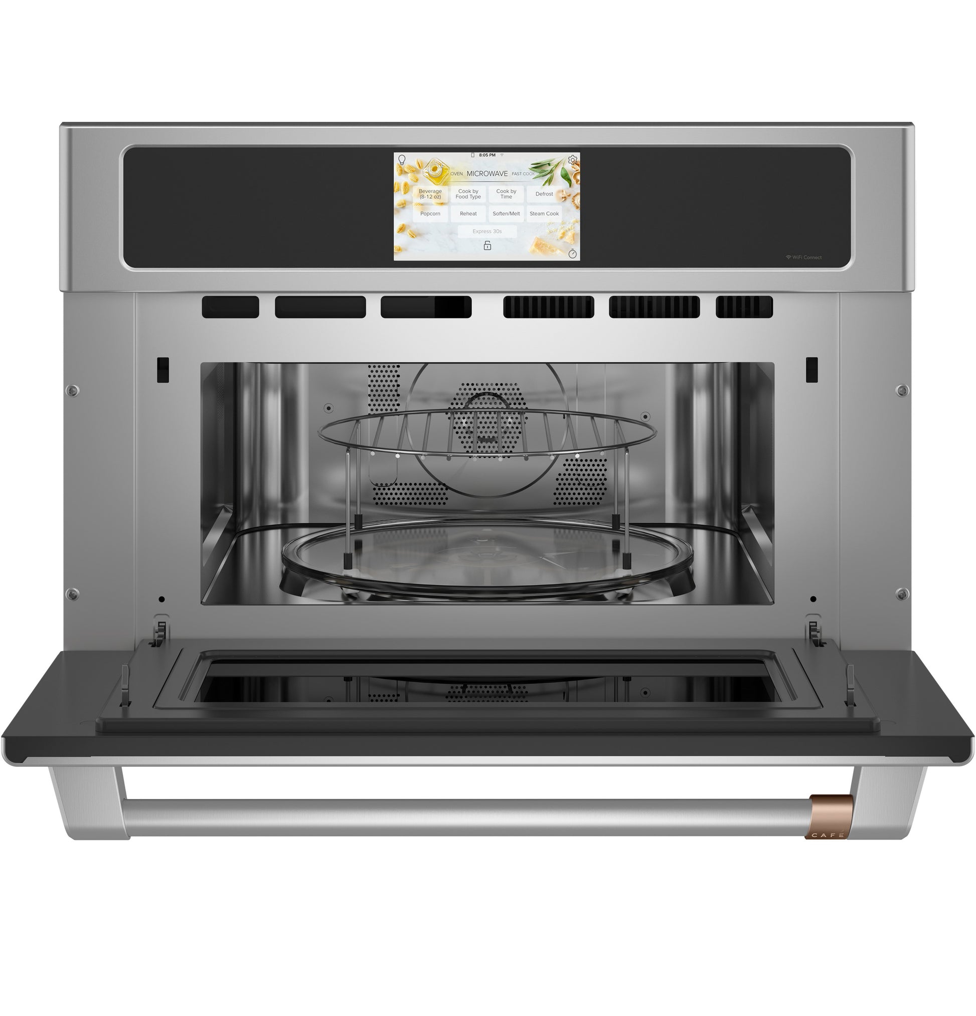Stainless steel built-in microwave and convection oven with digital touchscreen control in modern kitchen appliances collection