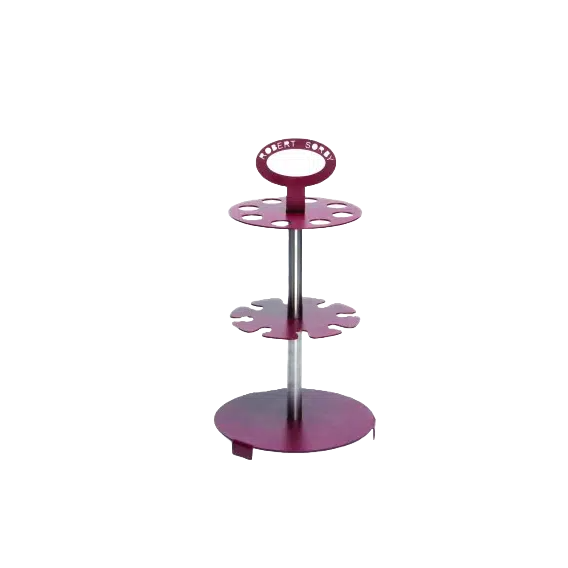 Compact red carousel tool rack with two tiers for organizing eight woodworking tools under $100 collection