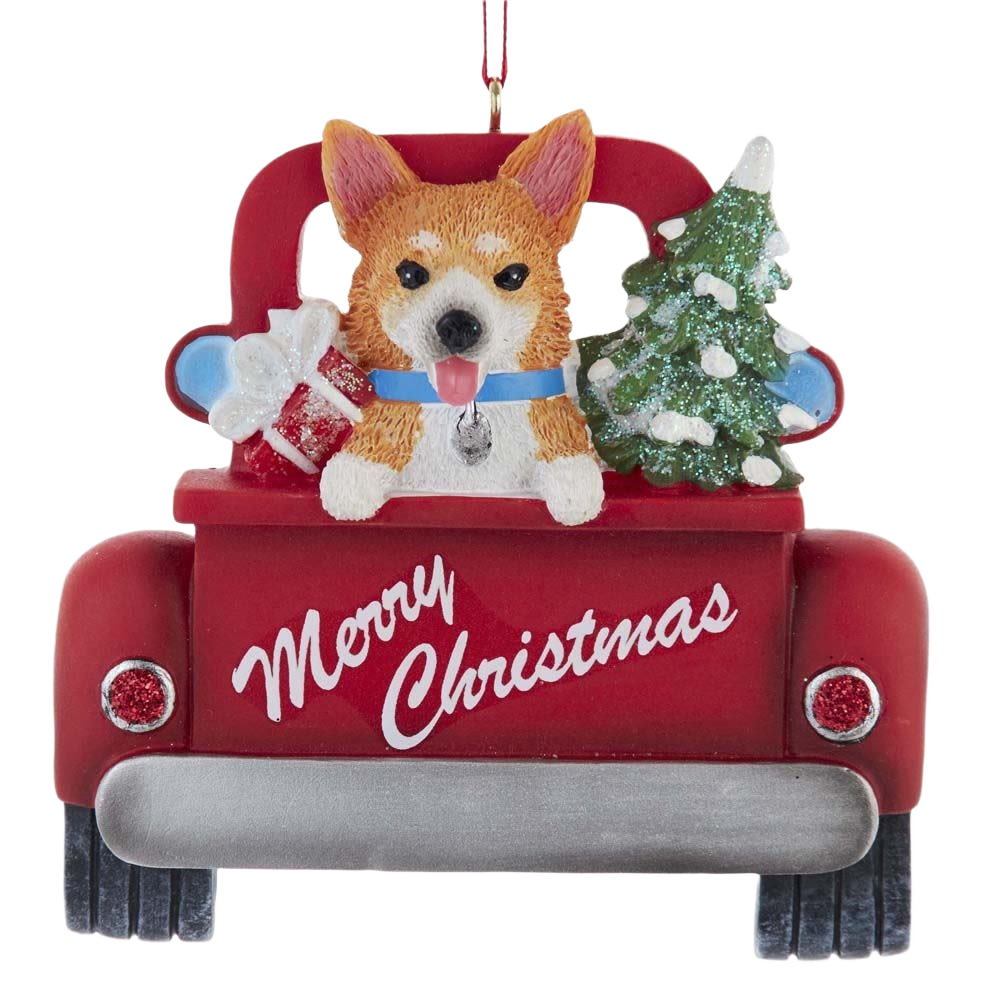 Resin Christmas ornament of a Corgi in red truck with tree and gift for Christmas ornaments and tree decorations collections
