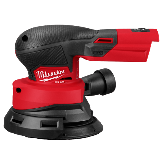 Red and black cordless random orbital sander with ergonomic grip and dust collection port for home improvement tasks